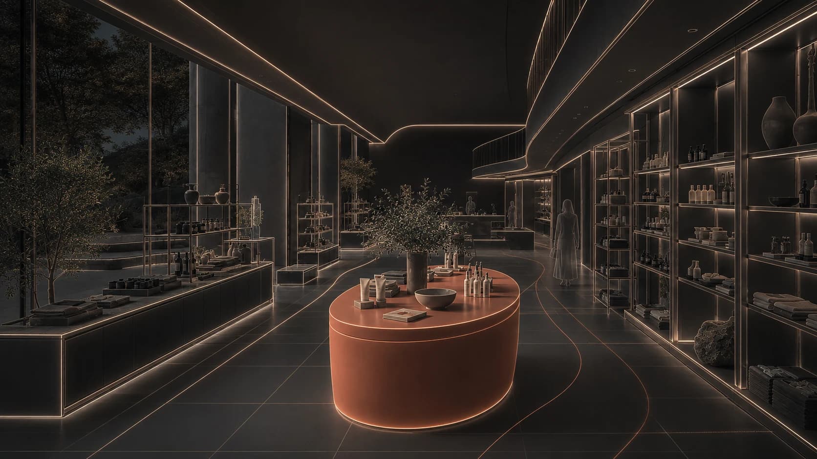 Concept spatial view of the store showing the relationship between fixtures and circulation space