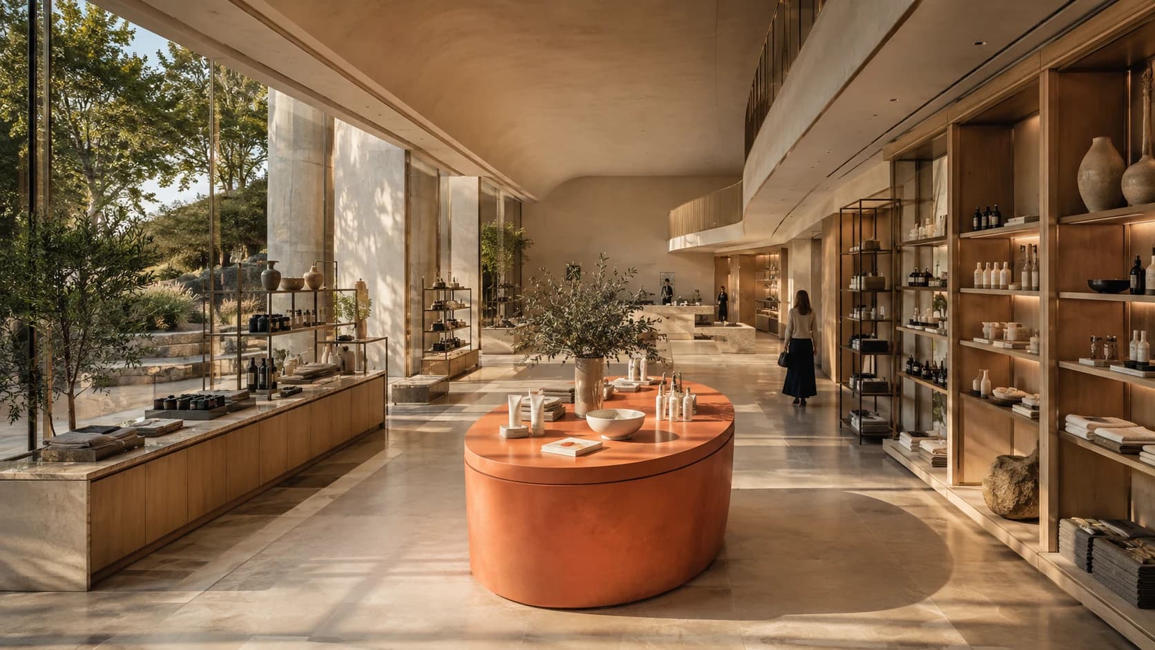 Concept store with a coral display island, warm oak shelving, and open paths for shoppers