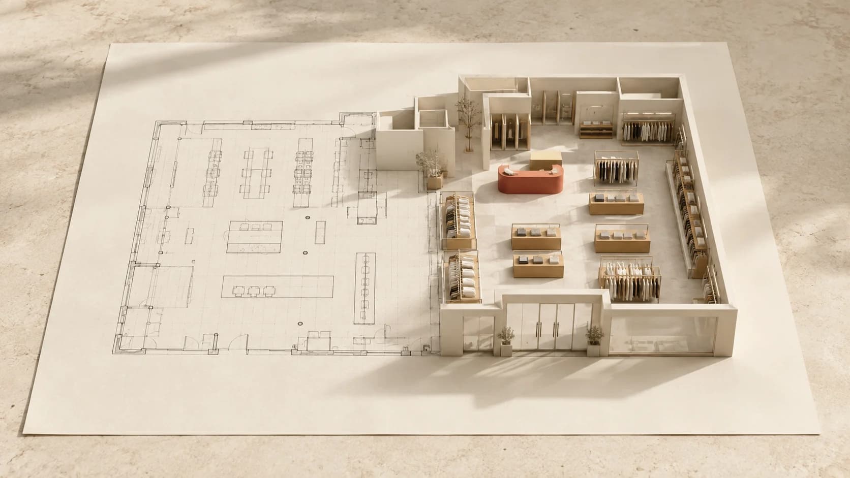A flat store drawing becoming a detailed 3D retail model
